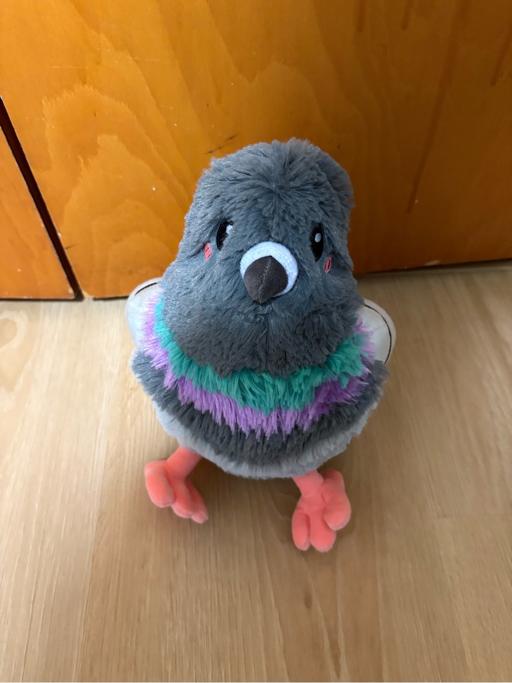 Gray Plush Pigeon Toy with Pink Feet and Colorful Chest Accents